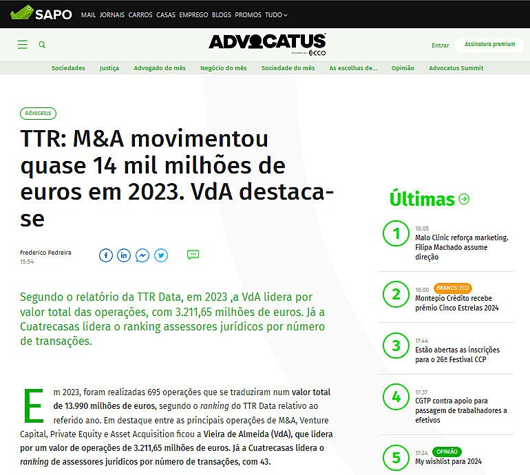 TTR: M&A movimentou quase 14 mil milhes de euros em 2023. VdA destaca-se
